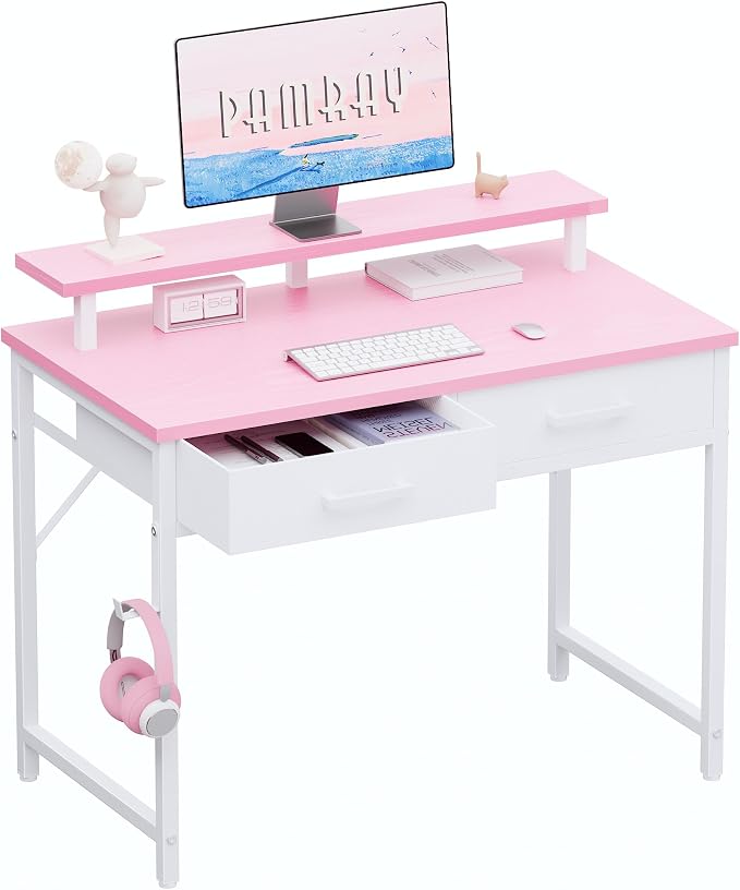 Pamray 32 Inch Small Computer Desk with Monitor Stand and 2 Drawers | Small Gaming Desk, for Bedroom Apartment and Dorm, for Study Work and Writing, Small Spaces, Sturdy, Easy Assembly by PAMRAY