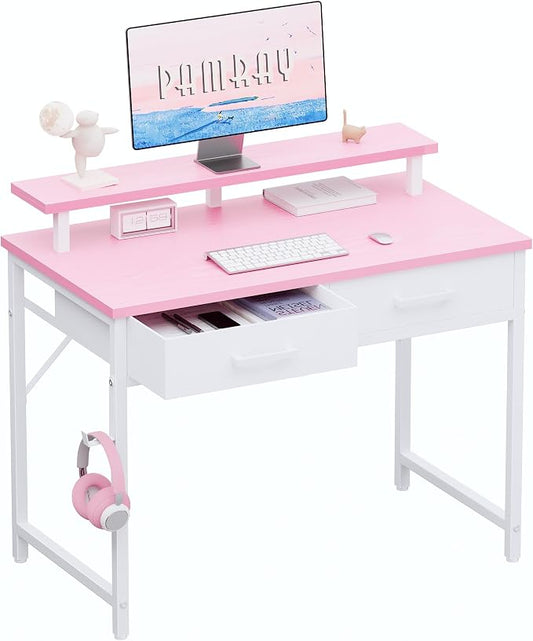 Pamray 32 Inch Small Computer Desk with Monitor Stand and 2 Drawers | Small Gaming Desk, for Bedroom Apartment and Dorm, for Study Work and Writing, Small Spaces, Sturdy, Easy Assembly by PAMRAY