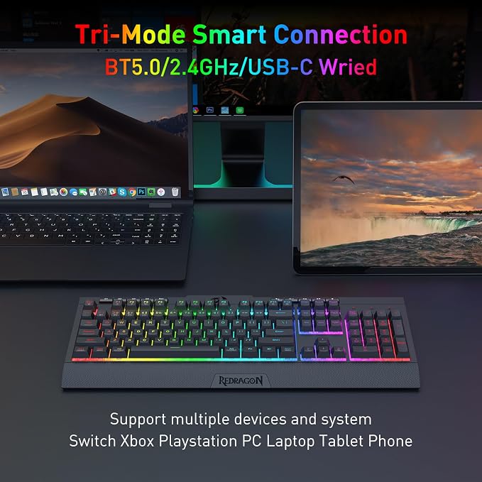 Redragon K525 PRO RGB 3-Mode Wireless Membrane Gaming Keyboard with Multimedia Keys, Linear Mechanical-Feel Switch, 4 Extra On-Board Macro Keys, Dedicated Media Control, Ergonomic Wrist Rest - Image 2