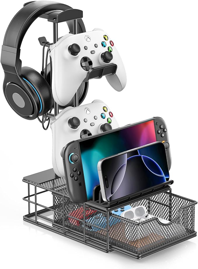 KDD Headphone Stand with Drawer - Headset & Controller Holder for Desk - Aluminum Supporting Bar Earphone Stand with Cable Organizer - Universal Gaming PC Accessories Storage by KDD