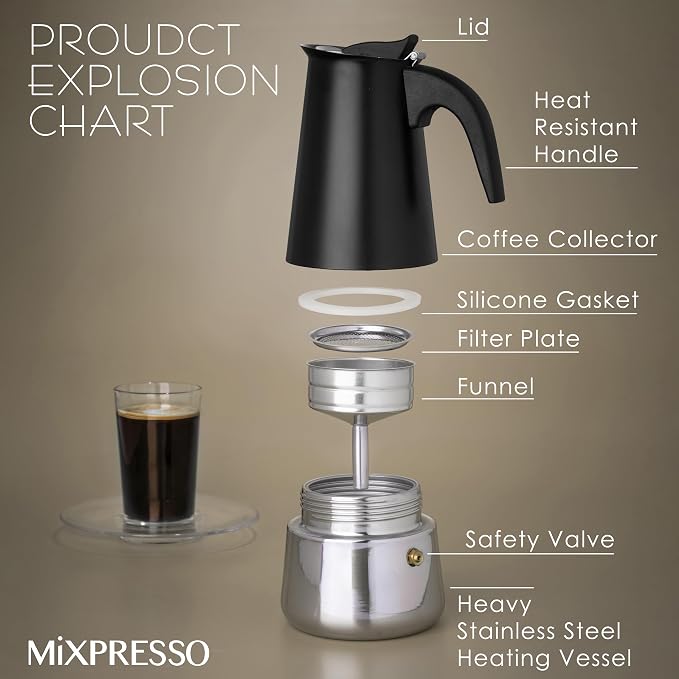 Mixpresso 6 Cup Greca Moka Pot, Stainless Steel Stovetop Espresso Maker | 300ml/10oz Italian stovetop coffee maker with classic percolator design, ideal for preparing coffee at home or while camping - Image 2