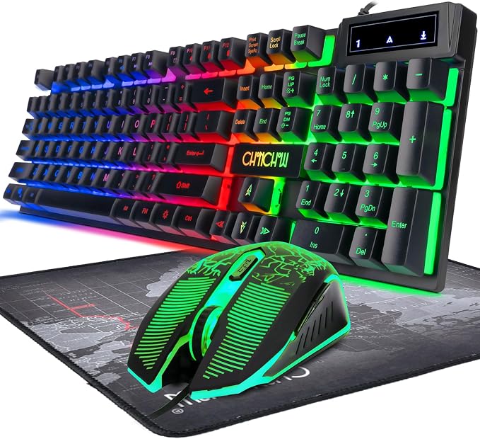 Keyboard and Mouse Gaming LED Wired Combo with Emitting Character Keyboard 4800DPI 2 Side Button USB Mouse Rainbow Backlit Mechanical Feeling Compatible with PC Raspberry Pi Mac Xbox one ps4 by CHONCHOW