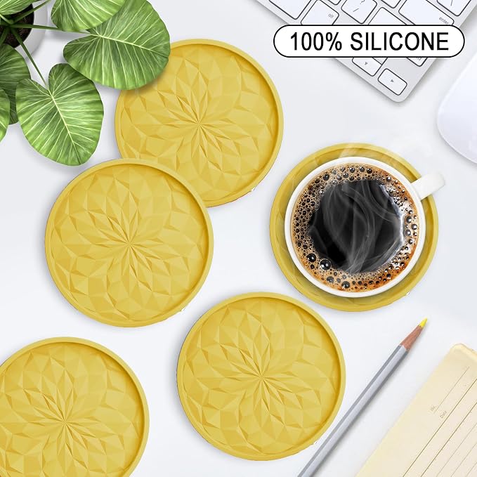ME.FAN Silicone Coasters with Holder,[6 Pack] Drinking Coasters - Cup Mat for Hot or Cold Drinks, Thickened, Non-Slip, Non-stick,Deep Tray Yellow - Image 2