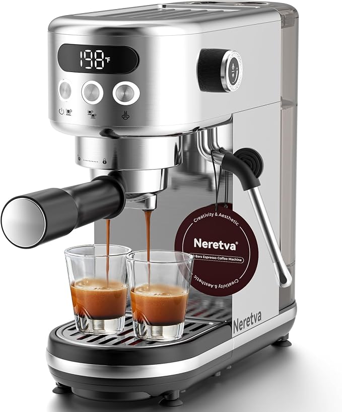 Neretva Espresso Machine 20 Bar, Super Compact Espresso Maker Stainless Steel Professional Coffee Machine Espresso with Power Steam & LED Display for Home Barista Latte and Cappuccino Maker-Silver by CreativelyAesthetic