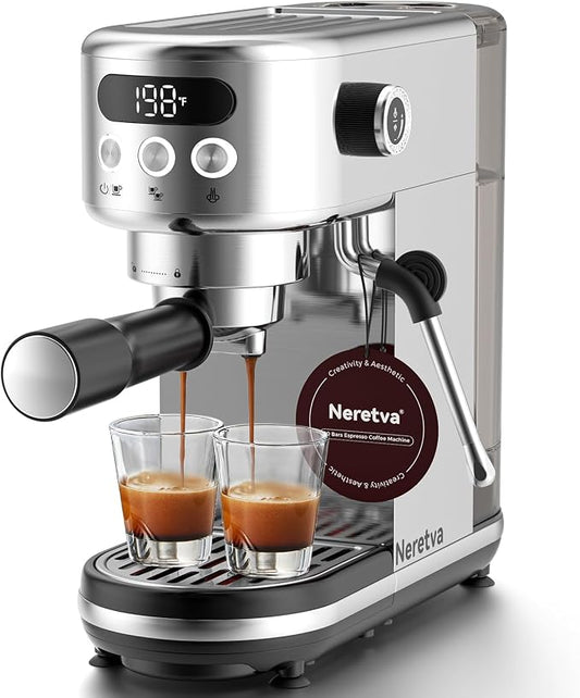 Neretva Espresso Machine 20 Bar, Super Compact Espresso Maker Stainless Steel Professional Coffee Machine Espresso with Power Steam & LED Display for Home Barista Latte and Cappuccino Maker-Silver by CreativelyAesthetic