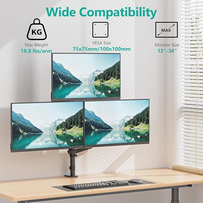 WALI Triple Monitor Mount for 13-34 inch Screens, Full Adjustable 3 Monitors Desk Mount with Clamp & Grommet Base, Triple Monitors Arm, up to 19.8lbs Each, VESA 75x75 100x100 mm (GSDM003XL), Black - Image 2