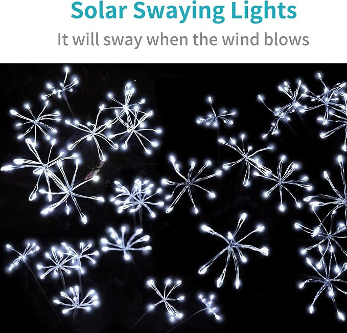 JJGoo Solar Garden Lights, New Upgraded 2 Pack Solar Swaying Starburst Light, Waterproof Fireworks Outdoor Lights, Yard Patio Pathway Decoration, White - Image 3