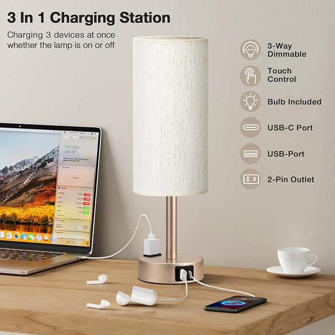 Fenmzee Bedside Table Lamp for Bedroom - 3 Way Dimmable Touch Lamp USB C Charging Ports and AC Outlet, Small Lamp Gold Base Round Flaxen Fabric Shade for Living Room, Desk, LED Bulb Included - Image 4