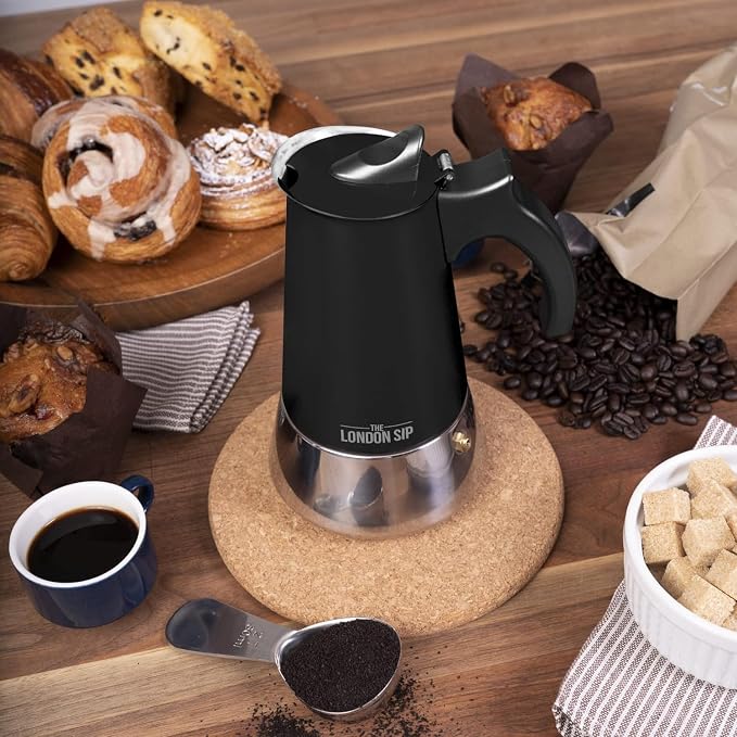 London Sip Stainless Steel Stovetop Espresso Maker Moka Pot Italian Coffee Percolator, Matte Black, 3 Cup - Image 8