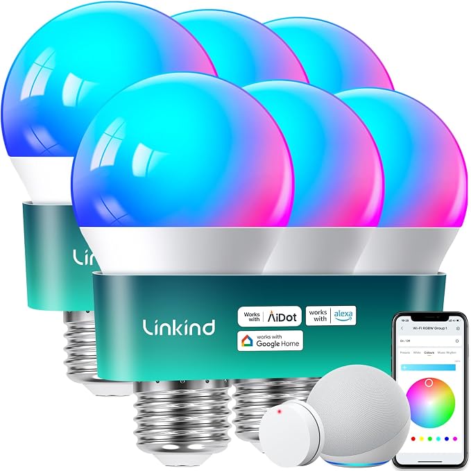 Linkind Smart Light Bulbs with Remote Control, Smart Bulb That Work with Alexa & Google Home, LED Light Bulbs Color Changing 64 Preset Scenes, A19 E26 2.4Ghz WiFi Light Bulbs Dimmable 60W 800lm 6 Pack by Linkind