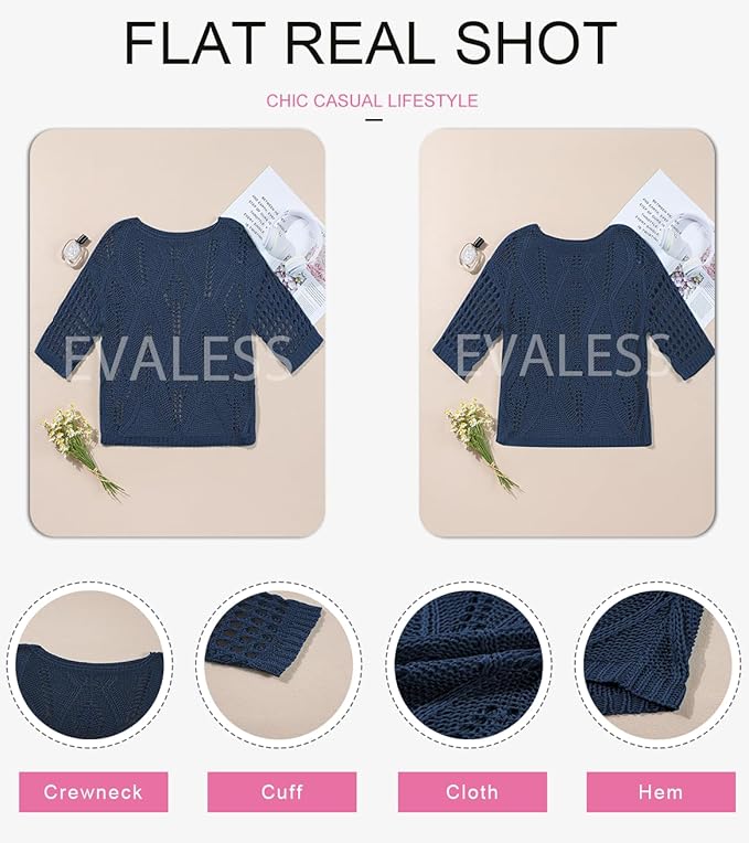 EVALESS Womens Crochet Hollow Out Knit Tops Half Sleeve Spring Summer Sweaters Beach Cover Ups for Women Trendy 2026 - Image 5
