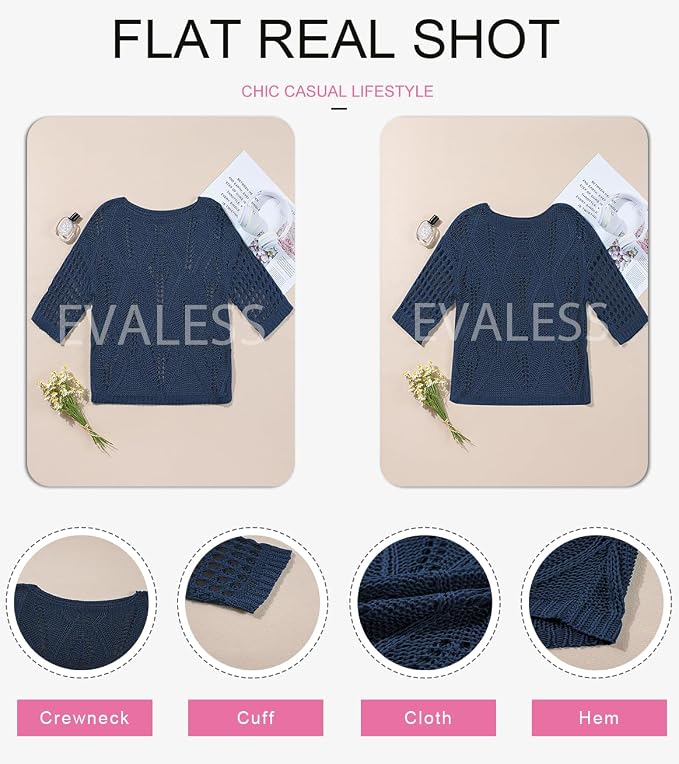 EVALESS Womens Crochet Hollow Out Knit Tops Half Sleeve Spring Summer Sweaters Beach Cover Ups for Women Trendy 2026 - Image 5