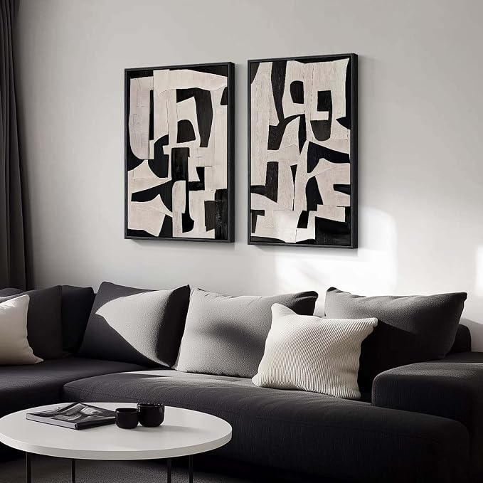 Large Framed Black and Beige Abstract Wall Art, Set of 2 Piece Minimalist Canvas Paintings Artwork for Walls, Modern Art Prints Pictures for Living Room Hallway Dining Room Bedroom Office Wall Decor - Image 2