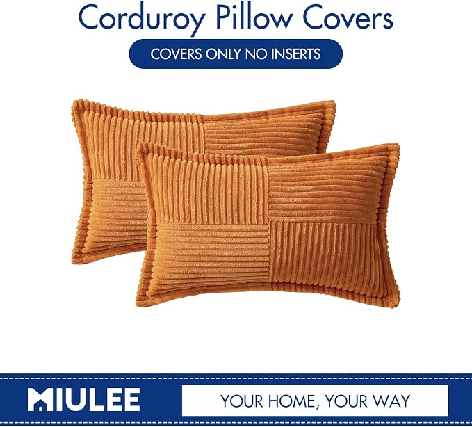 MIULEE Fall Burnt Orange Decorative Lumbar Throw Pillow Covers for Couch Bed Livingroom 12x20 Inch Set of 2 Boho Accent Throw Pllows Broadside Striped Patchwork Soft Corduroy Pillowcases - Image 6