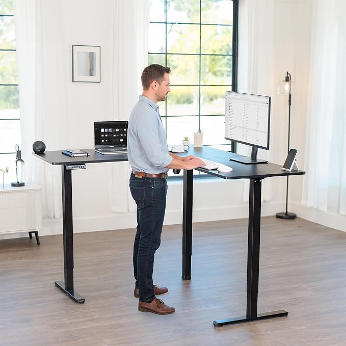VIVO Black 63 x 55 in Corner Standing Desk, DESK-E3CTB | Electric, Reversible L-Shaped Table, Sit Stand, Height Adjustable, Memory Controller, Office Furniture Sets, Black Frame - Image 2