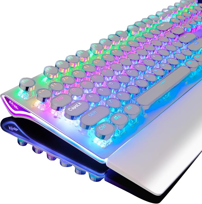 RK ROYAL KLUDGE S108 Typewriter Style Mechanical Gaming Keyboard with RGB Backlit, Wired PC Game Keyboard Full Size with Detachable Wrist Rest and Number Pad, Retro Round Keycaps, Red Switches White by RKROYALKLUDGE