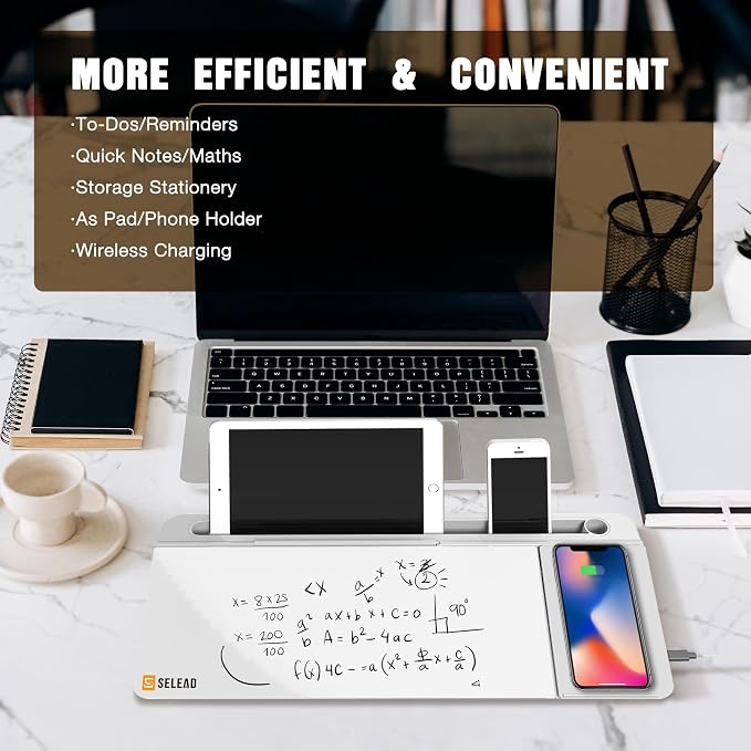 SELEAD Desktop Glass Whiteboard with Wireless Charger & Built-in Mirror, Dry Erase Board Computer Pad Keyboard Stand with Organizer for Home, School, Office Desk Accessories, White - Image 3