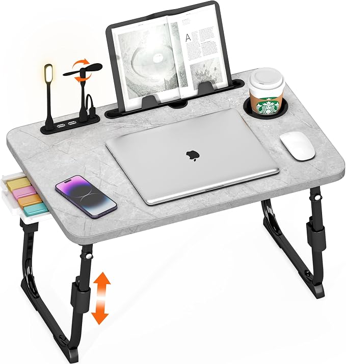 Lap Desk for Bed, Adjustable Laptop Desk with USB Charging Port, Storage Drawer & Bookshelf — Foldable Bed Desk for WFH & Students, 23.6" Desktop Fits 19" Laptop, Non-Slip, Light Stone Texture by PlayimaginationtodecorateHomeOffice
