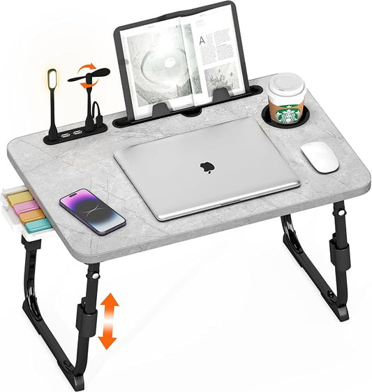 Lap Desk for Bed, Adjustable Laptop Desk with USB Charging Port, Storage Drawer & Bookshelf — Foldable Bed Desk for WFH & Students, 23.6" Desktop Fits 19" Laptop, Non-Slip, Light Stone Texture by PlayimaginationtodecorateHomeOffice