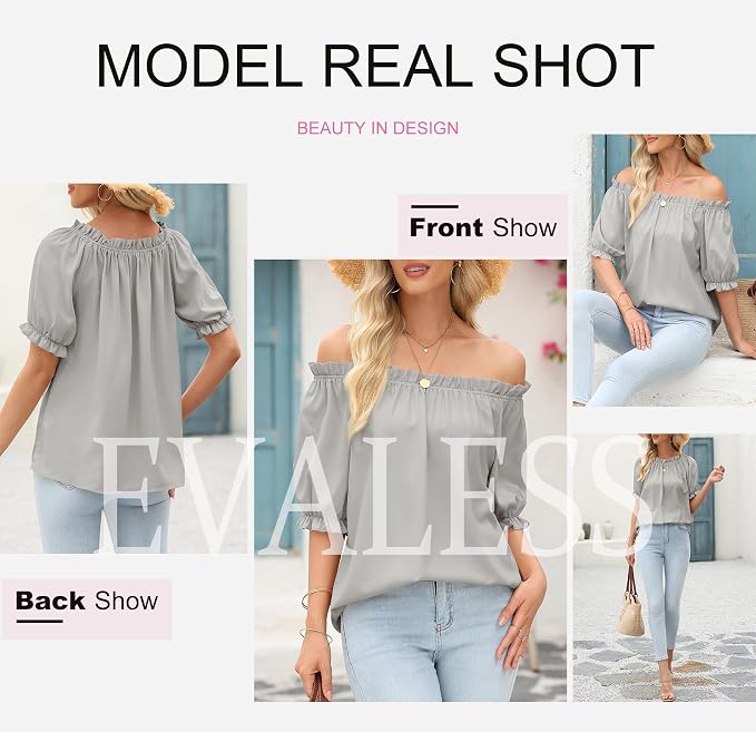 EVALESS Womens Tops Off The Shoulder Blouses for Women Dressy Casual Cute Puff Sleeve T Shirts Fashion 2026 - Image 5