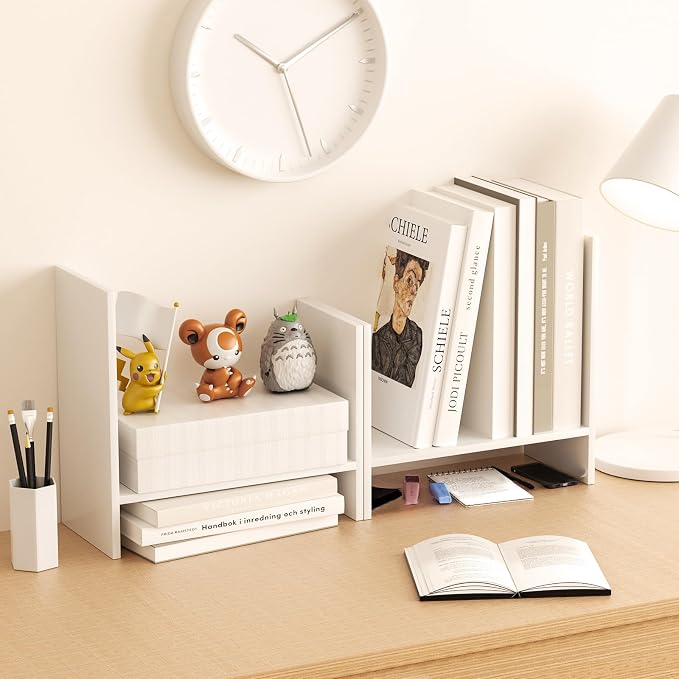 Desk Shelves Wood Desktop Orgnizer Shelf. Office Organization for Top of Desk Organizers and Accessories Bookshelf Shelving,Adjustable Tier H-Shape Mini Bookcase(White) - Image 3