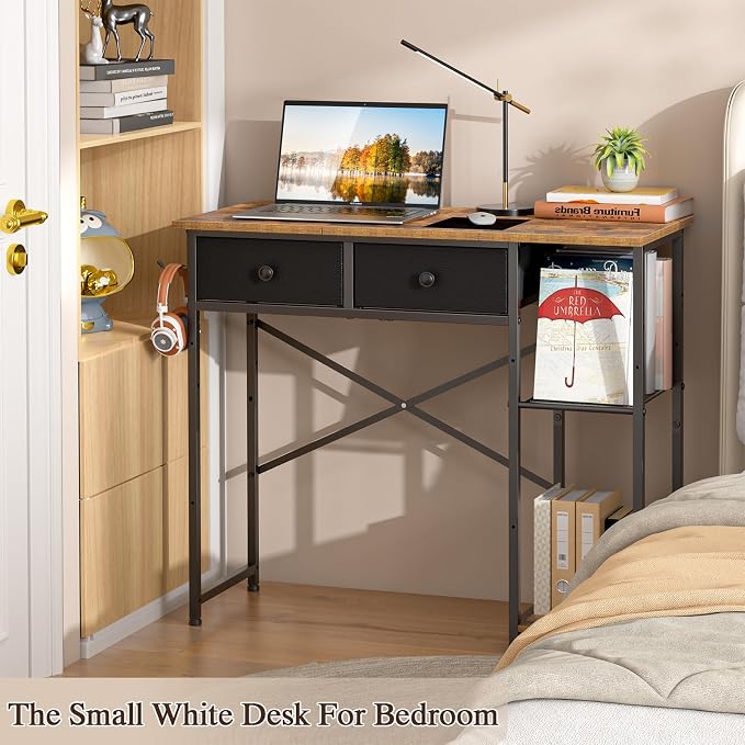 DAOUTIME Small Computer Desk, 36 Inch Writing Desk with Drawers & Storage Shelves, Home Office Writing Desk for Small Spaces, Bedroom, Living Room, Dorm, Rustic Brown - Image 6