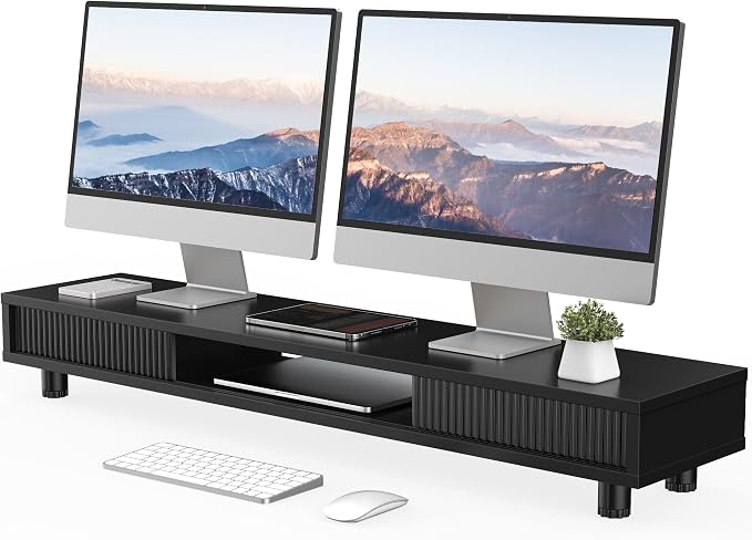 Fenge Dual Monitor Stand, 42.5inch Long Monitor Stands Riser for 2 Monitors, Glass Sliding Door with Storage Organizer Stand for Desk, 2 Tier Desk Shelf for Laptop, Pc, Printer, Computer, TV by Fenge