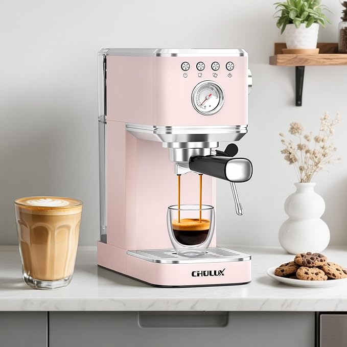 CHULUX Slim Espresso Machine with Milk Frother for Home Cappuccino, Pink | Precise Pressure Gauge, Food-Grade Materials, 20 Bar Italian Pump, Professional Temperature Control System, Stainless Steel - Image 5