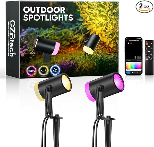 GZBtech Outdoor Smart Landscape Lights 4-Pack, Plug-in RGBIC+CCT Color Changing LED Spotlights, IP65 Waterproof, App Control Work with Alexa, Dimmable Aluminum LED Pathway Lights for Garden Yard Decor by GZBtech