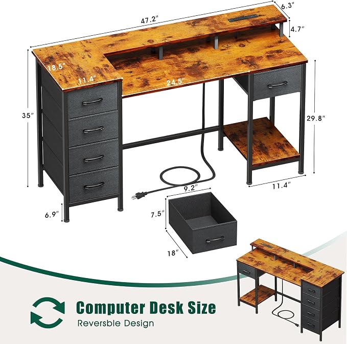 Korfile 47 Inch Computer Desk with Power Outlets,LED,5 Drawers,Rustic Brown | For gaming and working,built-in power outlets and LED lights, 5 fabric storage drawers, 47-inch, monitor stand,, rustic brown - Image 2