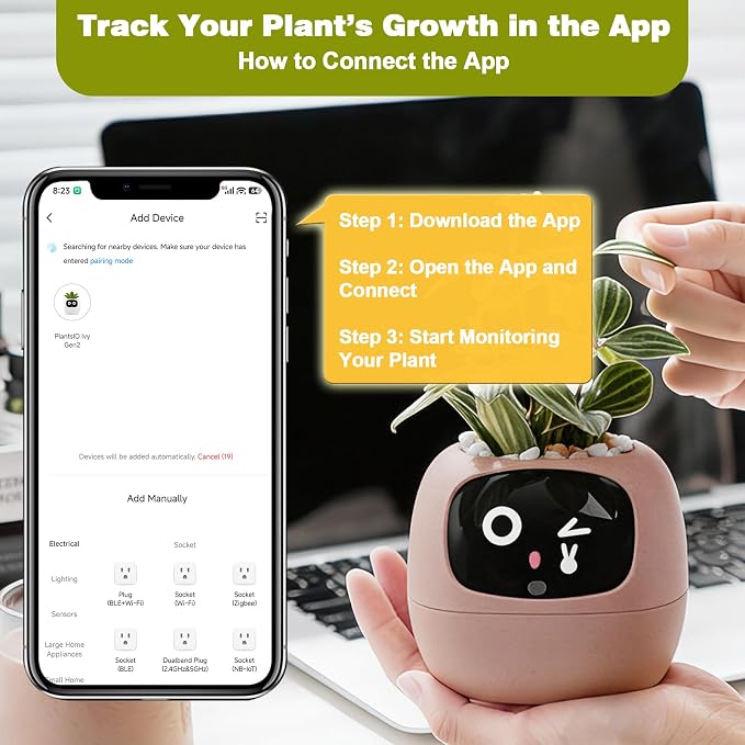 Smart Plant Pot with Visual Display – Soil Moisture, Water Level, Light & Battery Monitor, 80ml Self-Watering Reservoir, Supports 50+ Plants, Pomodoro Timer, Clock & Calendar (Blush) - Image 2