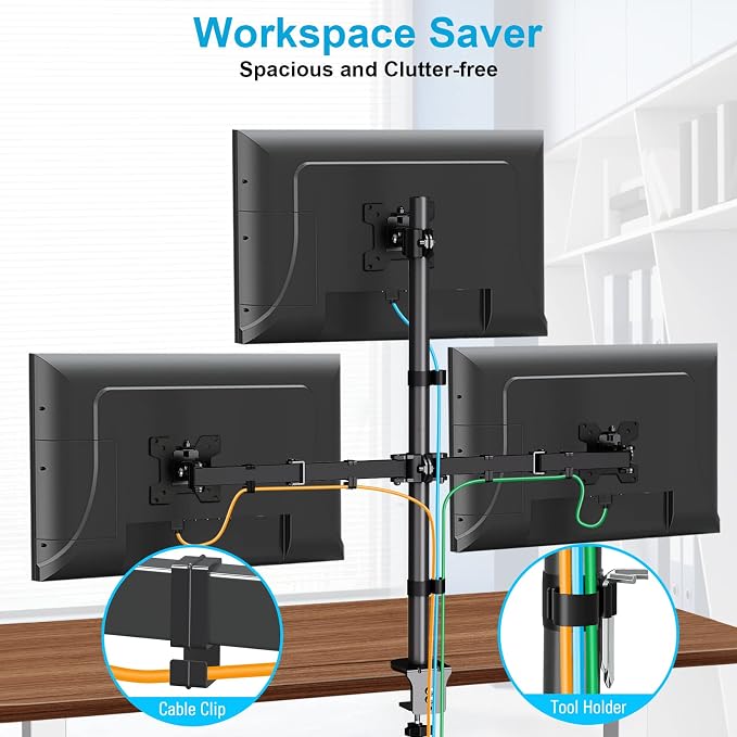 MOUNTUP Triple Monitor Stand, Height Adjustable Monitor Desk Mount Fit for 17 to 32 Inch Computer Screens, Stacked Monitors Arm for 3 Monitors, with C-Clamp and Grommet Base, up to 17.6lbs per Arm - Image 8