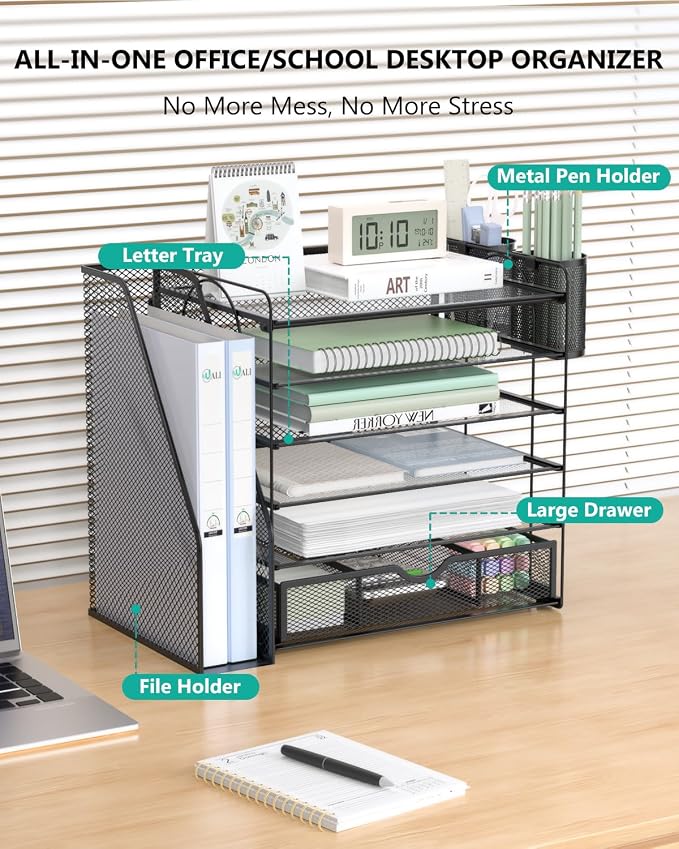 WALI Desk File Organizer, 6 Tier Desktop Paper Letter Tray Organizer with Drawer and 2 Pen Holders, Office Desk Accessories & Workspace Organizers for Office, Home Supplies(DO007DH-B), 1 Pack, Black - Image 2