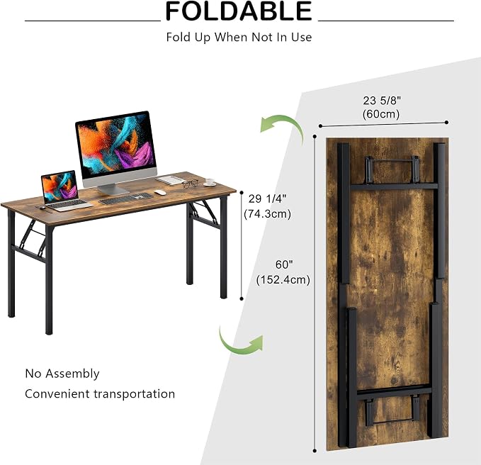 Need Office Computer Desk 60 Inch Sturdy Folding Laptop Table Retro | Black Frame Writing Gaming Work Table/Foldable Home Office Desk/Sewing Table, No Assembly Required - Image 3