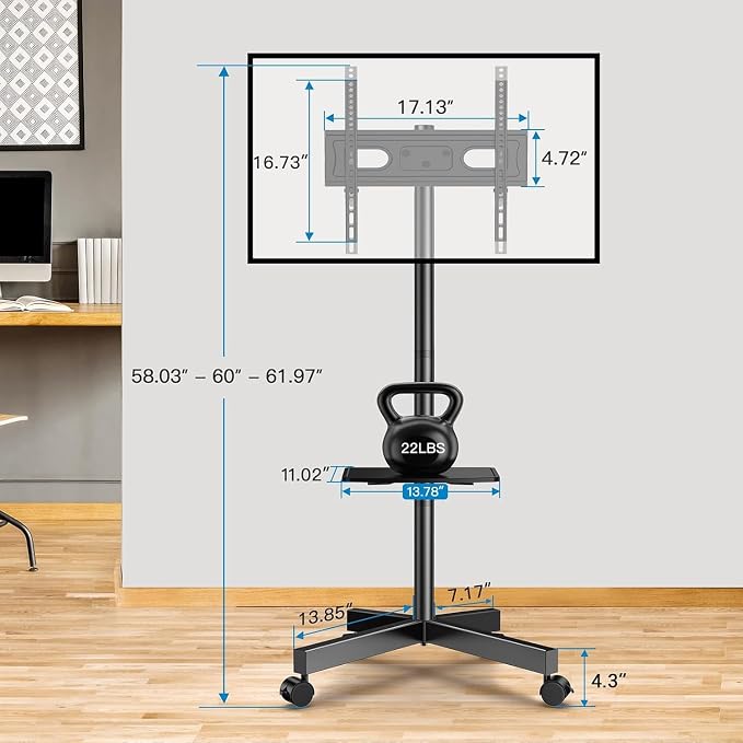 PERLESMITH Rolling TV Stand, Mobile TV Stand for 23-60 Inch LCD LED TVs, Tilt TV Stand Wheels Holds up to 88Lbs, Portable TV Stand for Bedroom with Shelf, Outdoor TV Stand Max VESA 400x400mm PSTVMC06 - Image 9