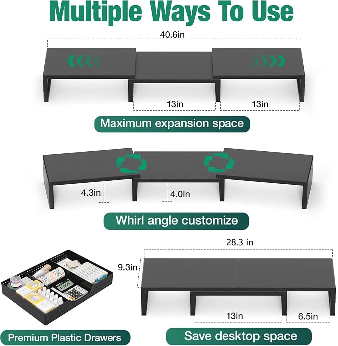 OPNICE Dual Computer Monitor Stand Riser, Desk Organizer with Drawer, Office Desk Accessories & Workspace Organizers for Home Office Supplies, Black - Image 2
