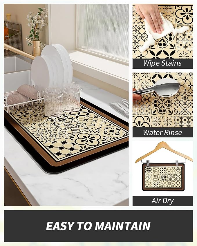 AMOAMI Coffee Mat Hide Stain Rubber Backed Absorbent Dish Drying Mat for Kitchen Counter - Fits Under Coffee Maker - KHAKI 16X24 - Image 4