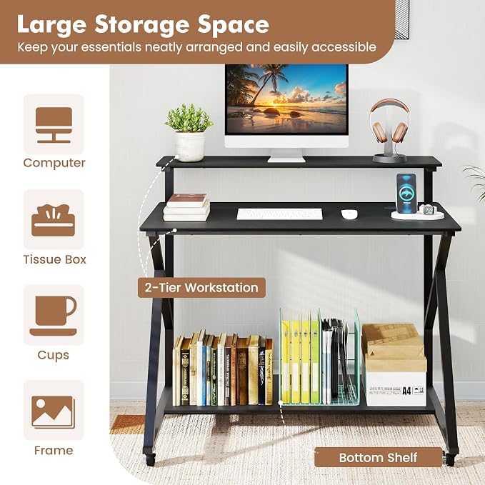 Giantex Rolling Computer Desk with Charging Station, Mobile Portable Laptop Desk with Monitor Stand & Storage Shelf, Small Desk with Lockable Wheels for Small Spaces, Home Office (Black) - Image 6