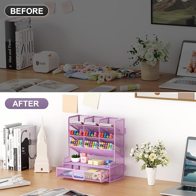 Marbrasse Larger Mesh Desk Organizer with Drawer, Multi-Functional Pen Pencil Holder, Easy Assembly, Desk Organizers and Accessories for Office Art Supplies (Purple) - Image 7