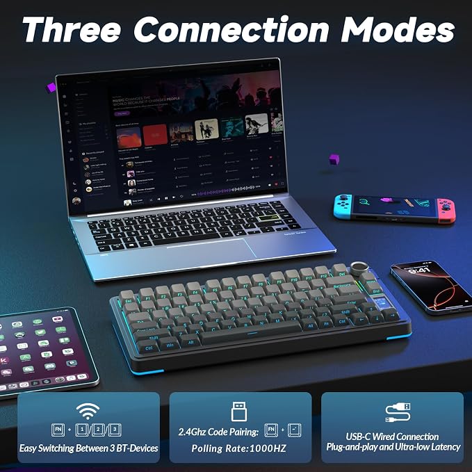 AULA S75 PRO Wireless Mechanical Keyboard with Screen&Knob, Tri-Mode Hot Swappable Gaming Keyboard 75%, Pre-lubed Switches, RGB Backlit, Side Printed PBT Keycaps, Creamy Sounding Computer Keyboards - Image 4
