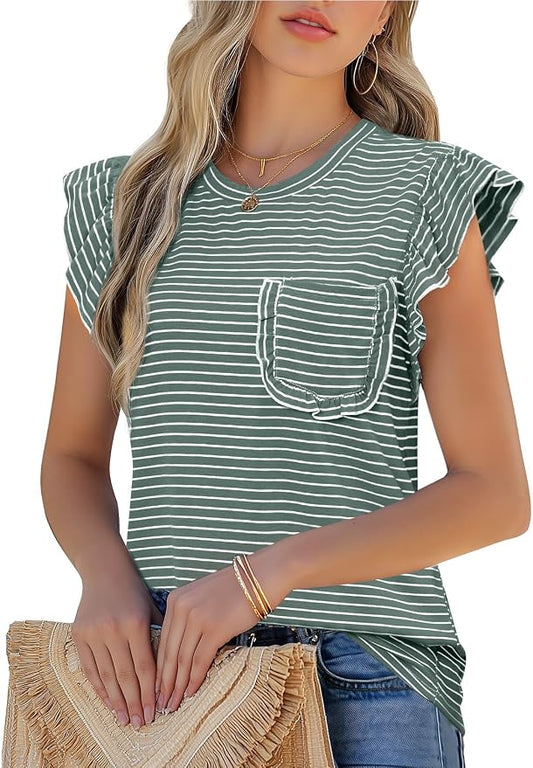 JUSTFASHIONNOW Womens Summer Tops Striped T-Shirts 2026 Ruffle Short Sleeve Crew Neck Casual Blouses with Pocket by Justfashionnow