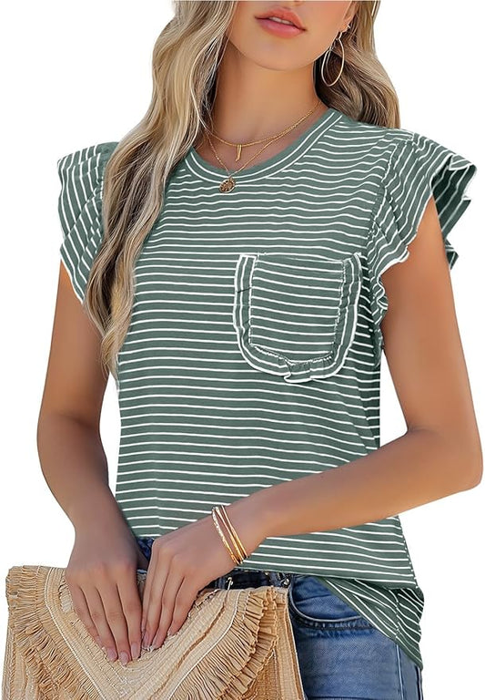 JUSTFASHIONNOW Womens Summer Tops Striped T-Shirts 2026 Ruffle Short Sleeve Crew Neck Casual Blouses with Pocket by Justfashionnow