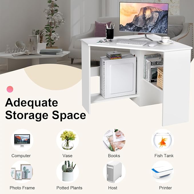 Tangkula White Corner Desk - 90 Degrees Triangle for Computer, Small Space, Bedroom, Makeup Vanity Desk with Storage Shelves & CPU Stand, Space Saving Writing Desk - Image 8