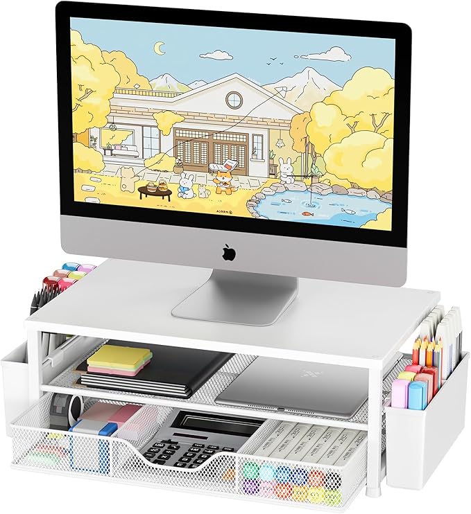 OPNICE Desk Organizers and Accessories, 2-Tier Computer Monitor Stand Riser with Drawer and 2 Pen Holders, Laptop Stand, Office Desk Accessories for Office Supplies, White Wood by OPNICE