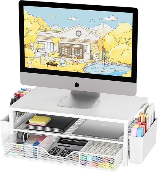 OPNICE Desk Organizers and Accessories, 2-Tier Computer Monitor Stand Riser with Drawer and 2 Pen Holders, Laptop Stand, Office Desk Accessories for Office Supplies, White Wood by OPNICE