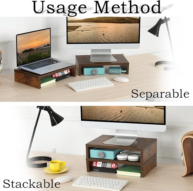 TEAMIX Monitor Riser - 2 Pack, Rustic Brown Wood Adjustable Stand for 2 Monitors/Laptop/PC - Image 2
