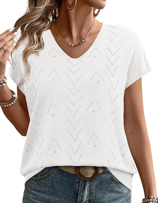 WIHOLL Short Sleeve Sweater for Women V Neck Trendy Cute Tops Business Casual Outfits Cap Sleeve by WIHOLL