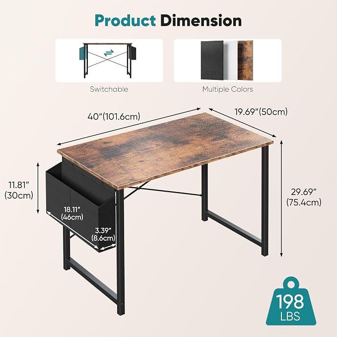 OLIXIS Small Computer Desk, 40 Inch Gaming Desks for Home Office | Writing Study Craft Work Table, Computer Workstation for Bedroom Small Spaces with Storage Bag, Rustic Brown - Image 3