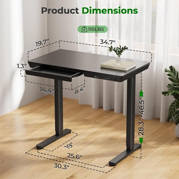 35" Electric Standing Desk with Drawer, 4 Lockable Wheels | Height Adjustable Quick Install One-Piece Tabletop with USB Charging Port, Small Sit to Stand up Desk for Home Office, Black - Image 2