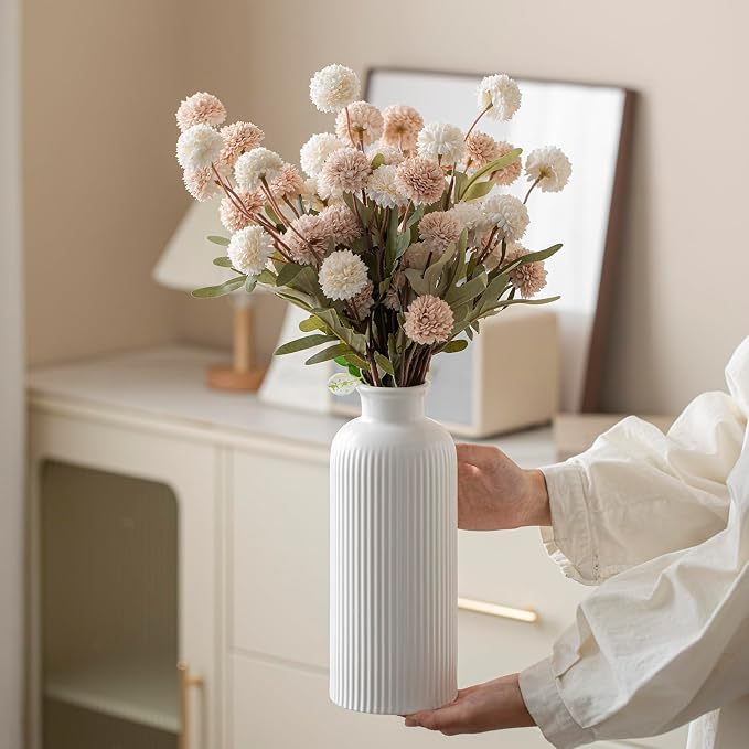 Large Modern Ceramic Vase Set, White Ribbed Matte Design, 10 Inch Tall, 4 Inch Width, 3-Piece Decorative Vases for Home, Living Room, Office (XL Matte Glaze White) - Image 4